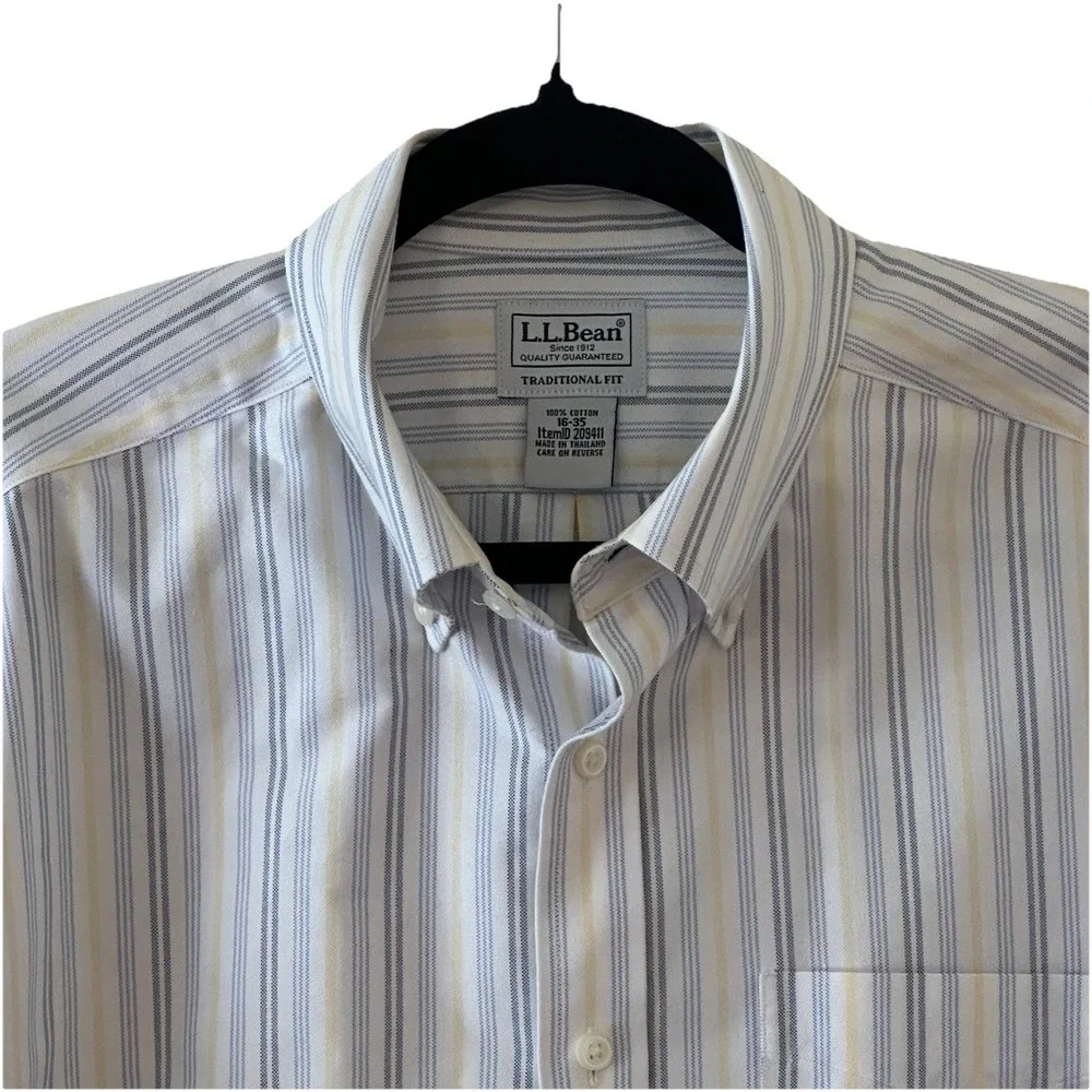 LL Bean Traditional Fit 16 35 Blue Yellow Striped Oxford Preppy Shirt Timeless